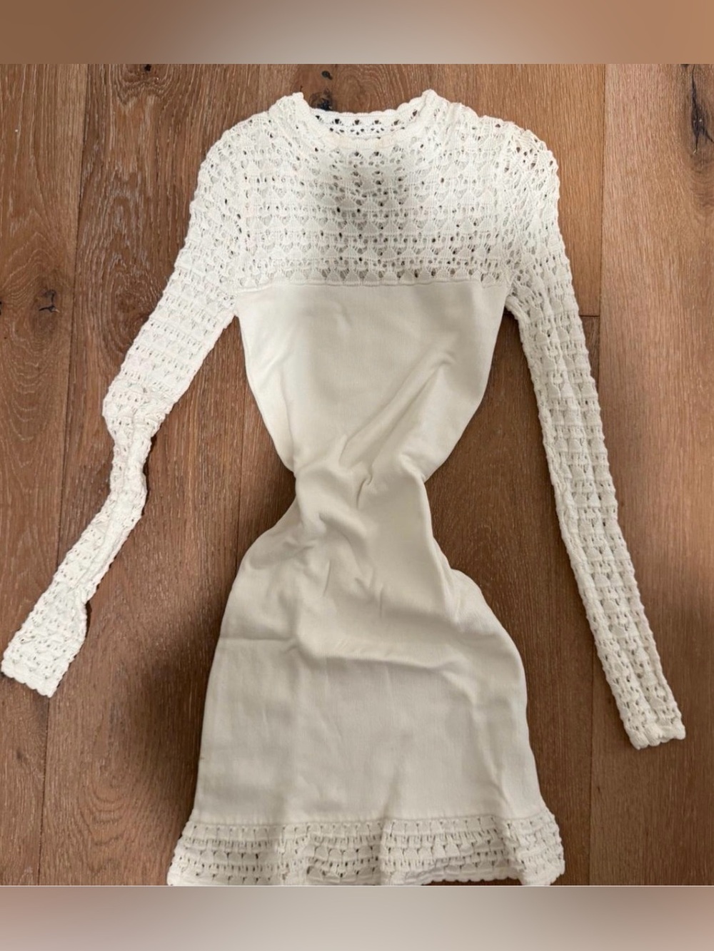 Ronny Kobo Collection Cream Crochet Knit Long Sleeve Dress